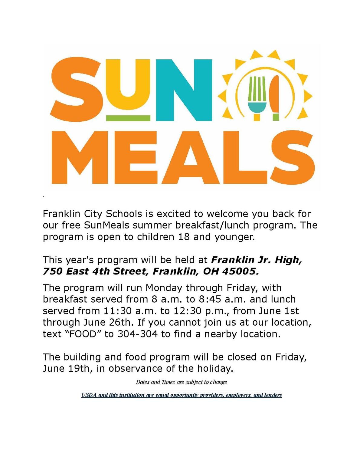 A flier about summer breakfast and lunch at FCS.
